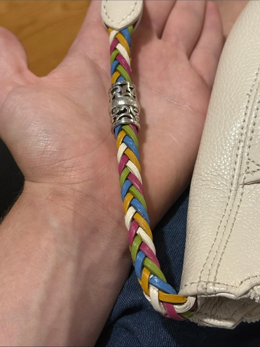 Brighton White Leather Shoulder Bag with Multicolor Braided Strap and Tassel